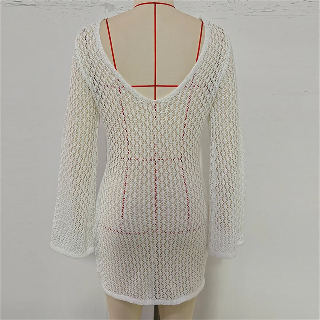 V Neck Long Sleeve Hollow Out Crochet Knitted Tunic Beach Cover Up Cover-ups Beach Dress Beach Wear Beachwear Female Women V7643