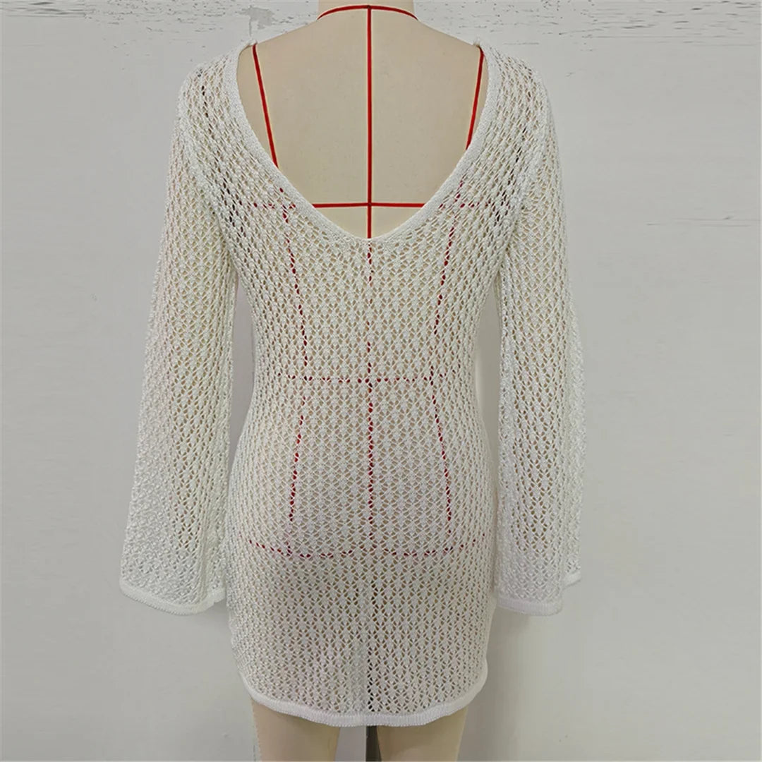 V Neck Long Sleeve Hollow Out Crochet Knitted Tunic Beach Cover Up Cover-ups Beach Dress Beach Wear Beachwear Female Women V7643