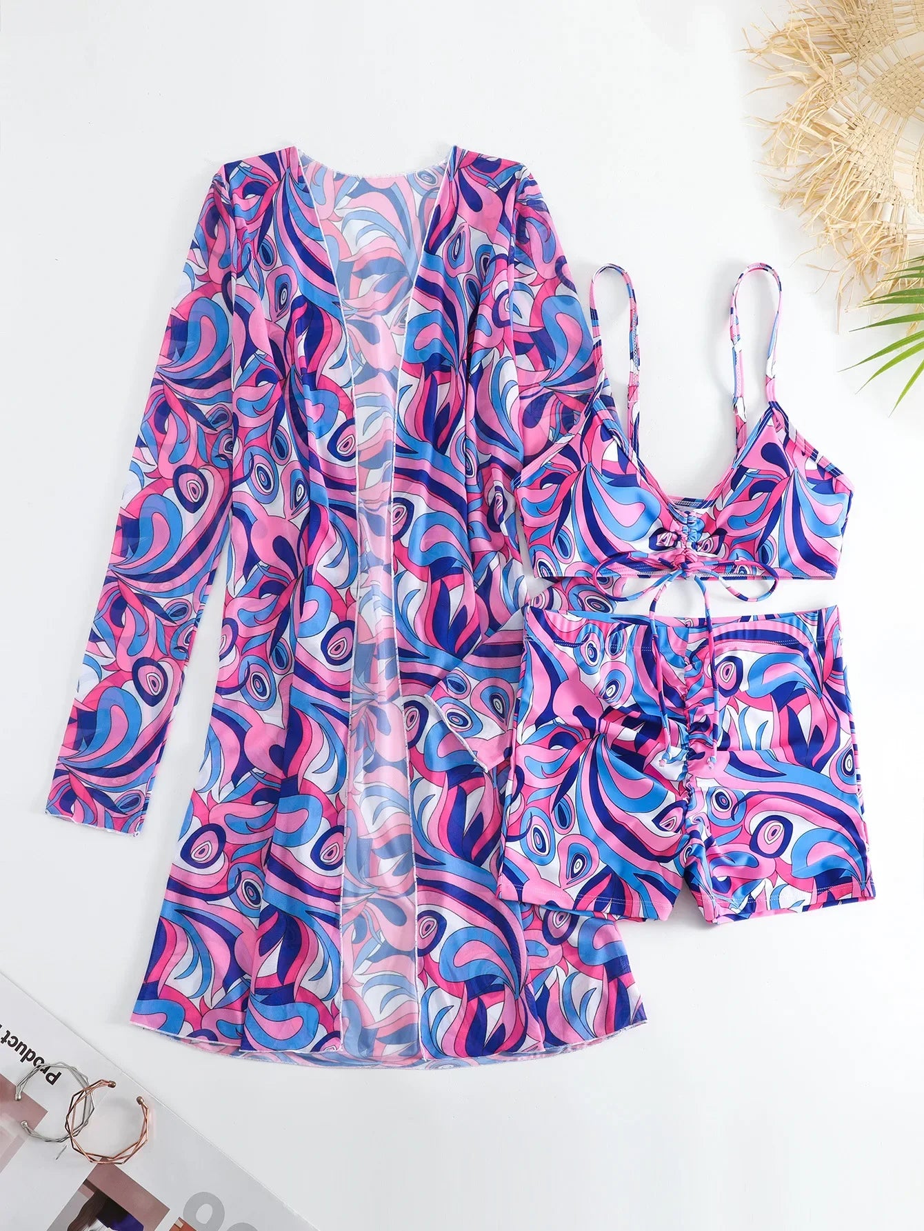 New Sexy 3 Pieces Suit for Women Neck Hanging Bikini Set+Cover-up Swimwear Sunproof Tankini High Waist Shorts Swimsuit Beachwear
