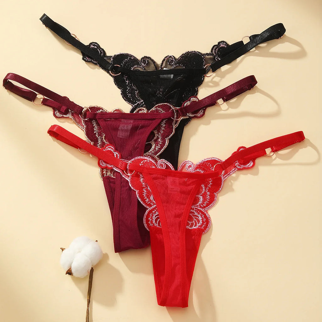 Butterfly Lace Thong for Women Low Waist G-String Transparent Mesh Panties Sexy Embroidered Briefs Adjustable Waist Culotte Femm