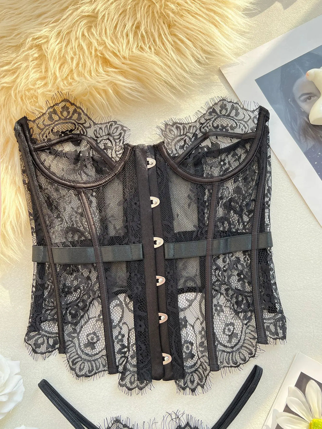 Toucheart Erotic Bodysuit French Retro Black Lace Jumpsuit Women's Sexy Delicate Intimate Seductive Backless Fishbone Shapewear