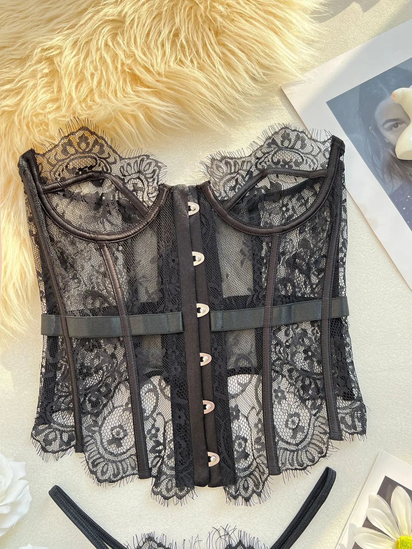 Toucheart Erotic Bodysuit French Retro Black Lace Jumpsuit Women's Sexy Delicate Intimate Seductive Backless Fishbone Shapewear