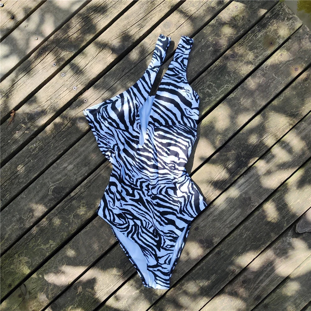 2023 Women One Piece Swimsuit Zebra One Shoulder Female Swimwear Sexy Monokini Hollow Out Beachwear Push Up Bodysuit