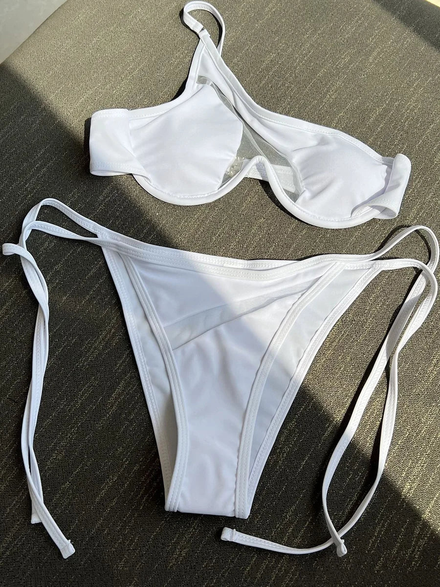 One Shoulder Mesh Bikinis Underwired V-Bar Bikini Women Swimwear Female Swimsuit Two-pieces Bikini Set Push Up Bathing Suit Swim