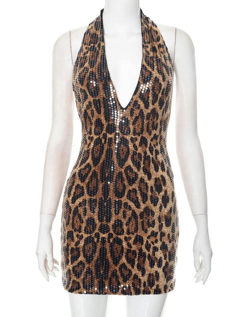 Sexy Halter Neck Off Shoulder Leopard Print Mini Dresses for Women Sleeveless Backless Sequins Skinny Party Night Club Dress