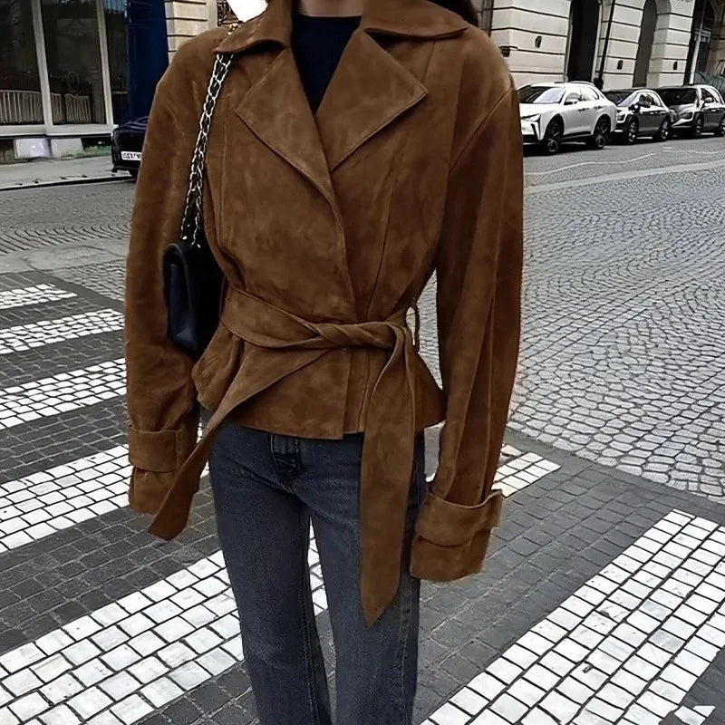 Phantasy Fashion Vintage Belt-Down Jacket Autumn Winter V-Neck Commuter Brown Suit Casual Style High-End Women's Clothing 2025