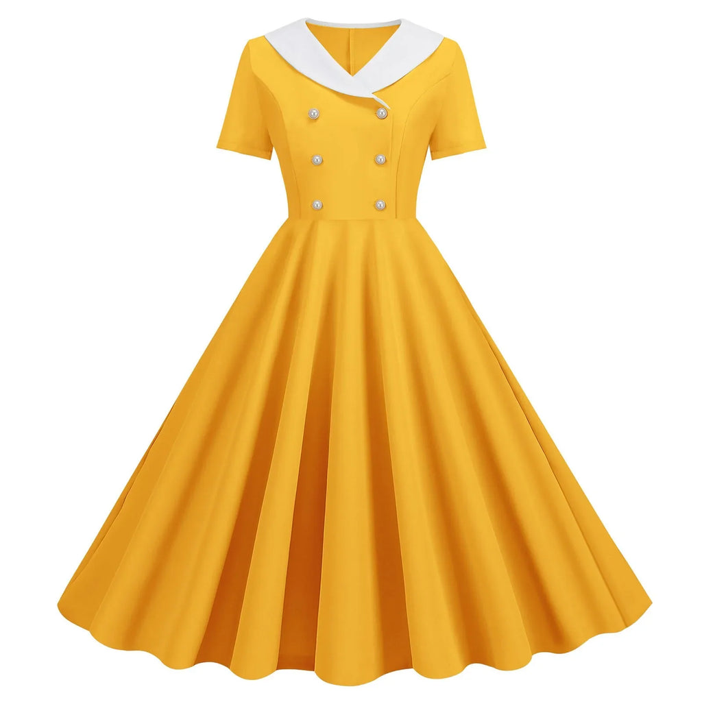 1950s Vintage 50s A-Line Evening Dress Short Sleeves V Neck Button High Waist Dresses Women's Prom Party Midi Dress Vestidos