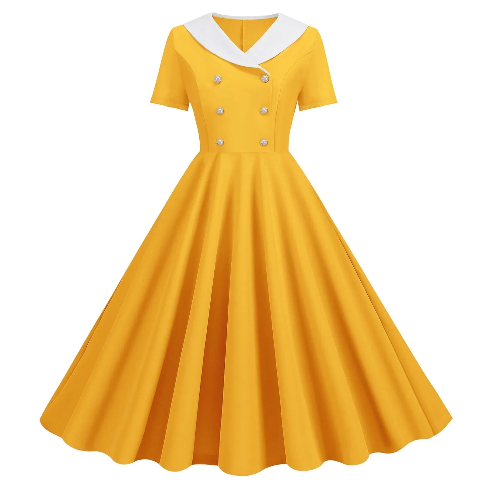 1950s Vintage 50s A-Line Evening Dress Short Sleeves V Neck Button High Waist Dresses Women's Prom Party Midi Dress Vestidos