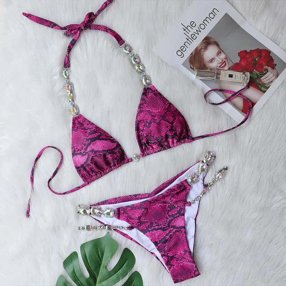 Snake Printed Halter Rhinestone Diamond Bikini Women Swimwear Female Swimsuit Two-pieces Bikini Set Brazilian Bathing Suit Swim