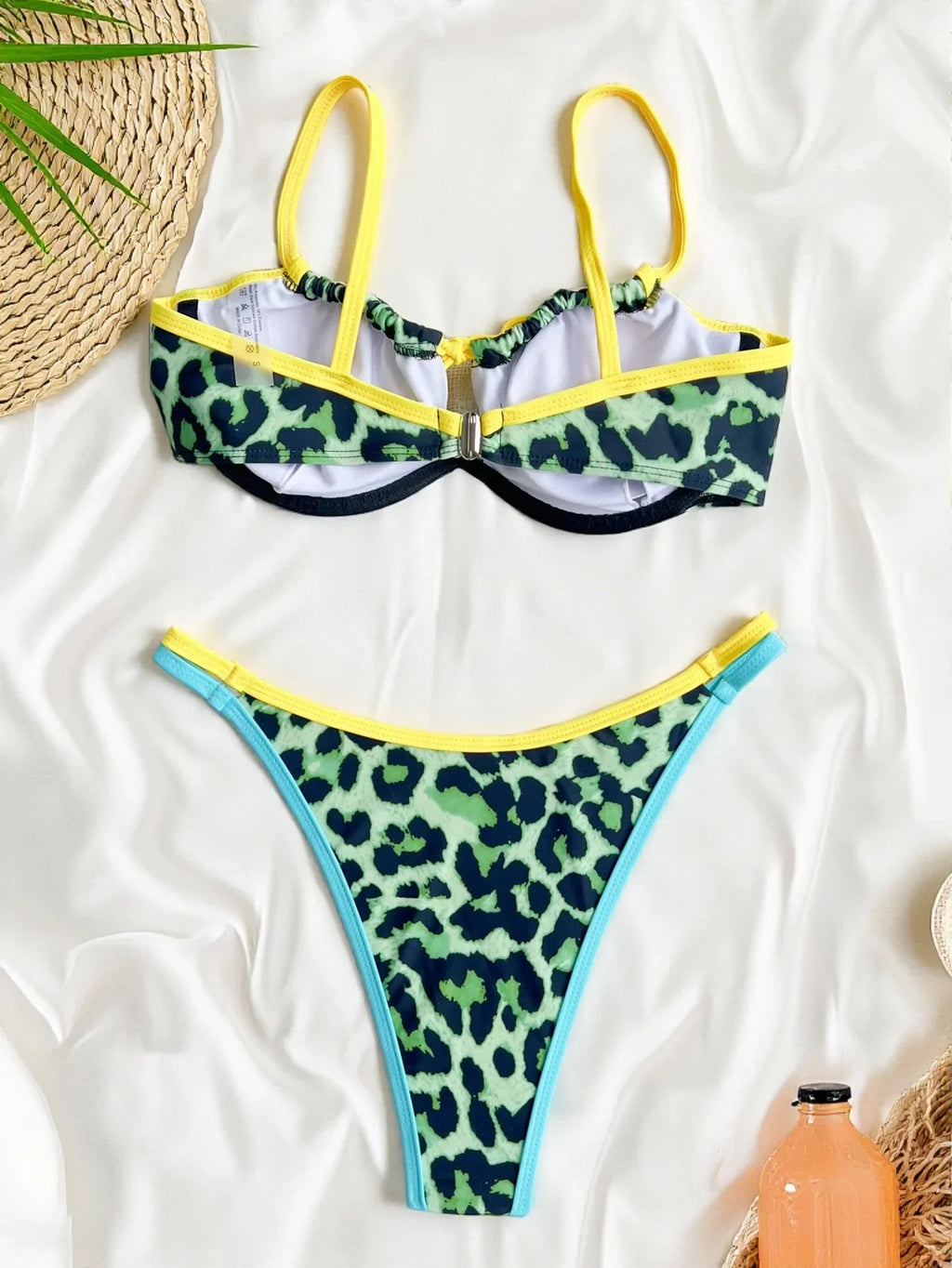 Contrast Color Leopard Swimsuit for Women Sexy Push Up Thong Bathing Suit Beachwear Underwire Low Waist Swimwear String Bikinis