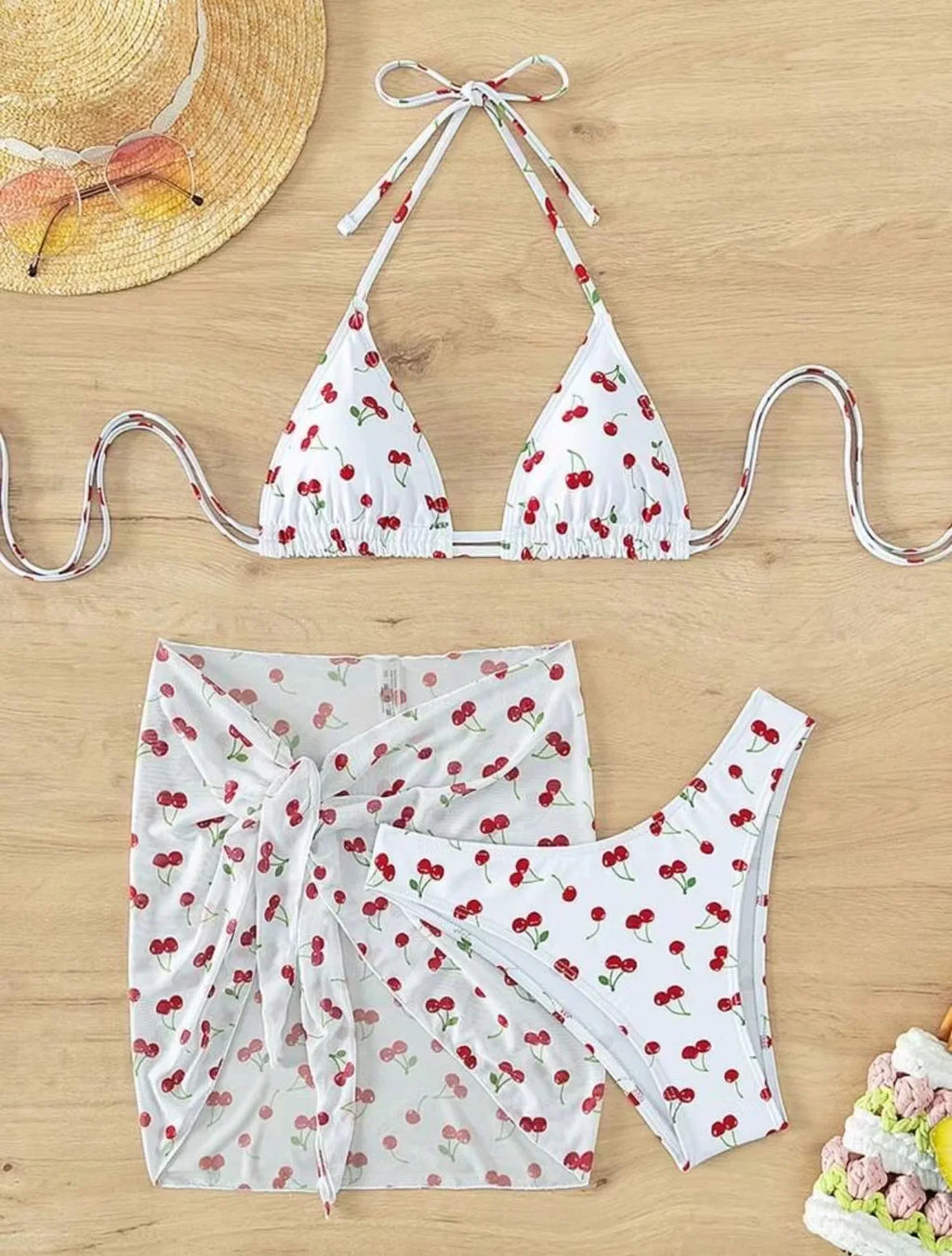 Women French Chic Cherry Print Bikini Sets Three Pieces with Mesh Skirt Swimsuit Swimwear Bathing Suit Beach Outfits Biquini