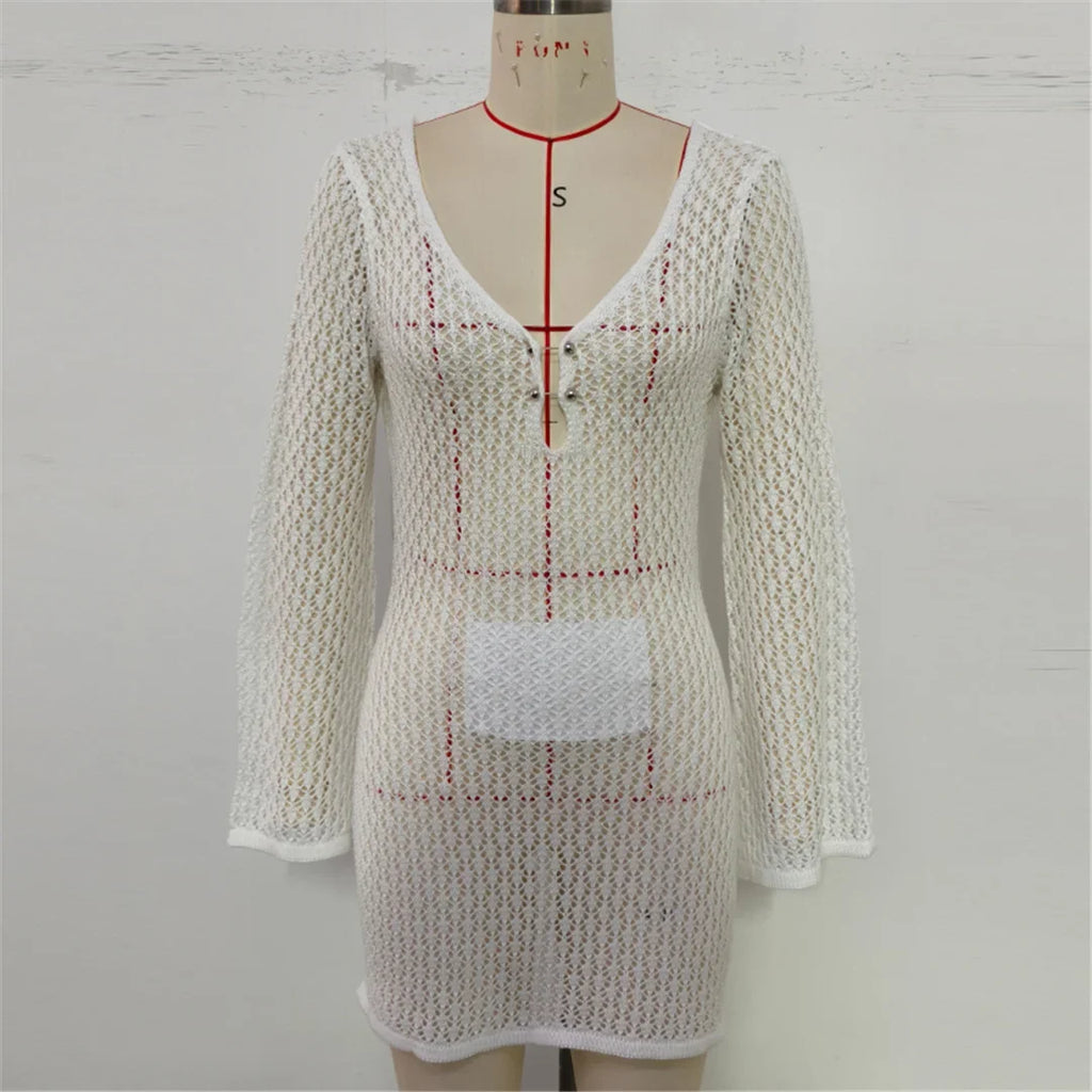 V Neck Long Sleeve Hollow Out Crochet Knitted Tunic Beach Cover Up Cover-ups Beach Dress Beach Wear Beachwear Female Women V7643