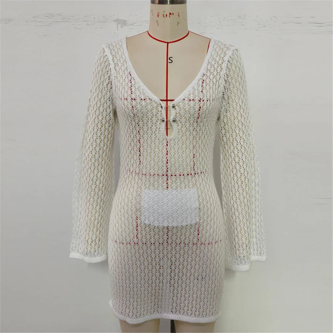 V Neck Long Sleeve Hollow Out Crochet Knitted Tunic Beach Cover Up Cover-ups Beach Dress Beach Wear Beachwear Female Women V7643