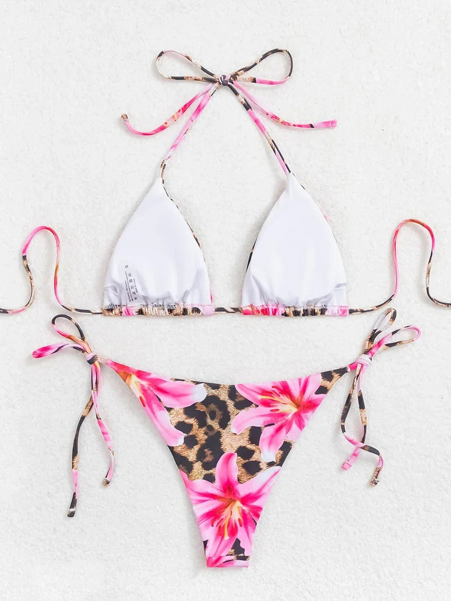 XS - L Floral Leopard Printed Halter Bikini Women Swimwear Female Swimsuit Two-pieces Bikini set Bather Bathing Suit Swim Lady