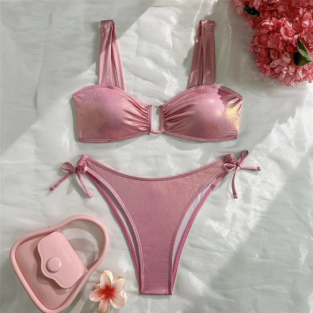 U Shaped Glitter Sparkling Shiny Bikini Female Swimsuit Two-Pieces Bikini Set Women Swimwear Brazilian Bathing Suit Bather V7564