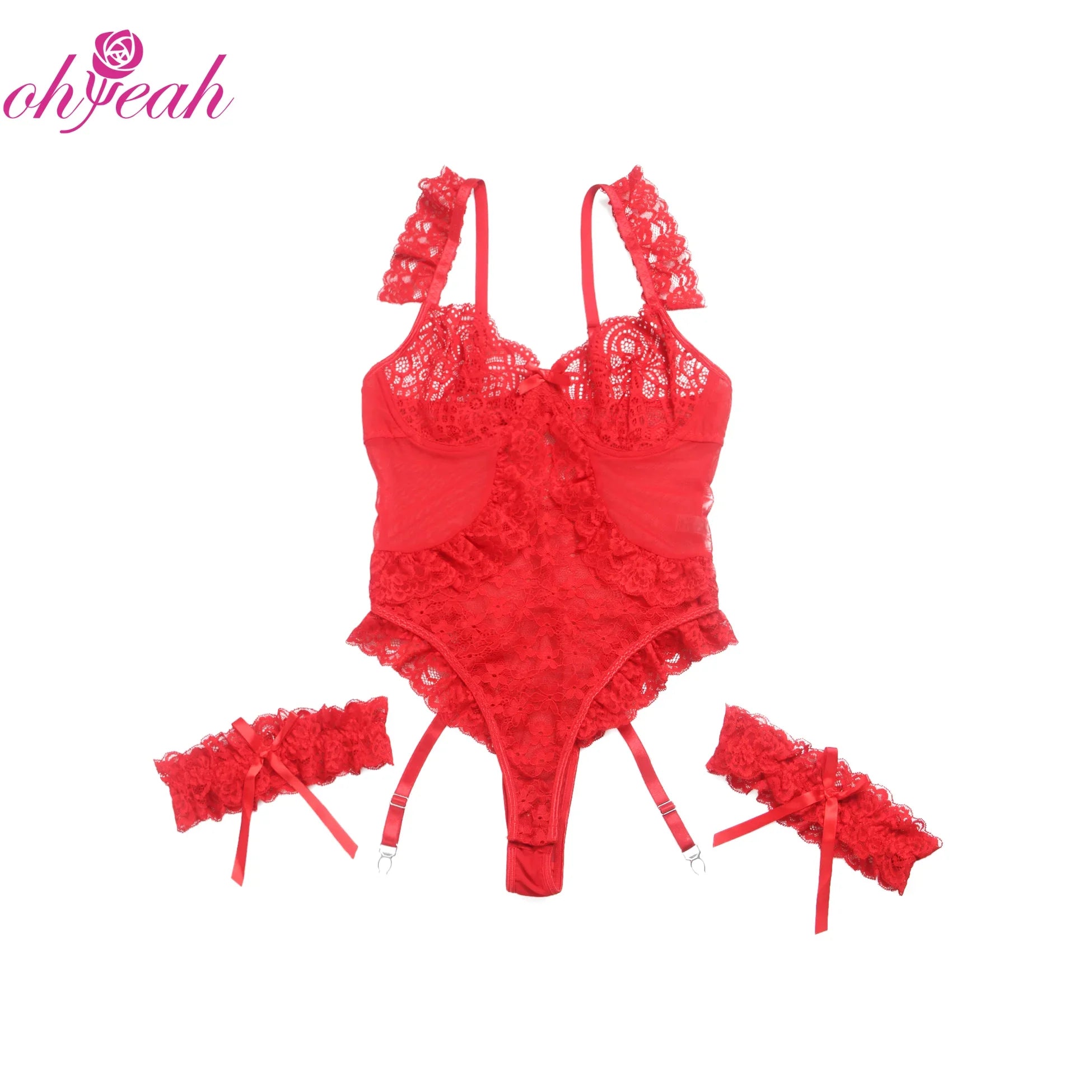 Plus Size Sheer Mesh Teddy Bodysuit for Women Sexy Lace Lingerie Set with Adjustable Garter Belt Curvy Nightwear Romantic Outfit