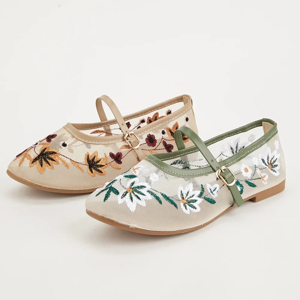 New Summer Women's Lace Flats Shoes Fashion Round Toe Shallow Girls Flower Embroidered Mesh Breathable Soft Sole Single Shoes