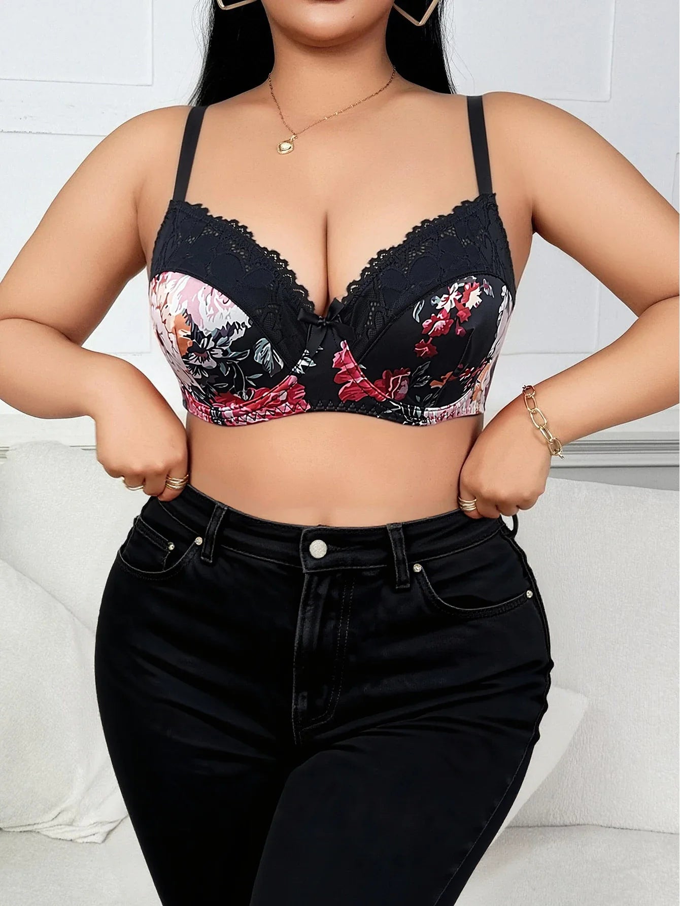 Anti-sag Push Up Bra Plus Size Black Base Red Floral Print Lace Side Gather Lift Up Large Brassiere Flower Pattern Underwear