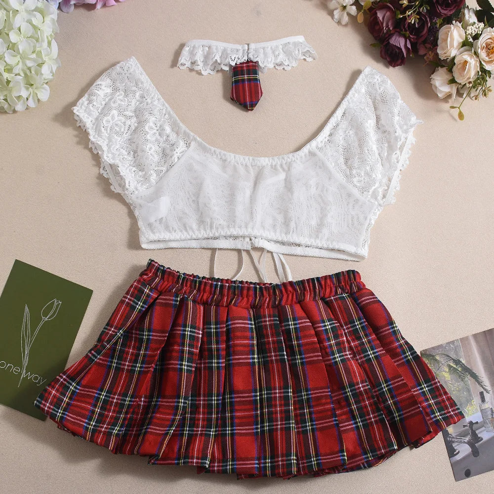 Toucheart Sexy Lingerie Suit for Women Lace Mesh See-through Lace Up Top Plaid Pleated Skirt Halter Women's Underwear Set New