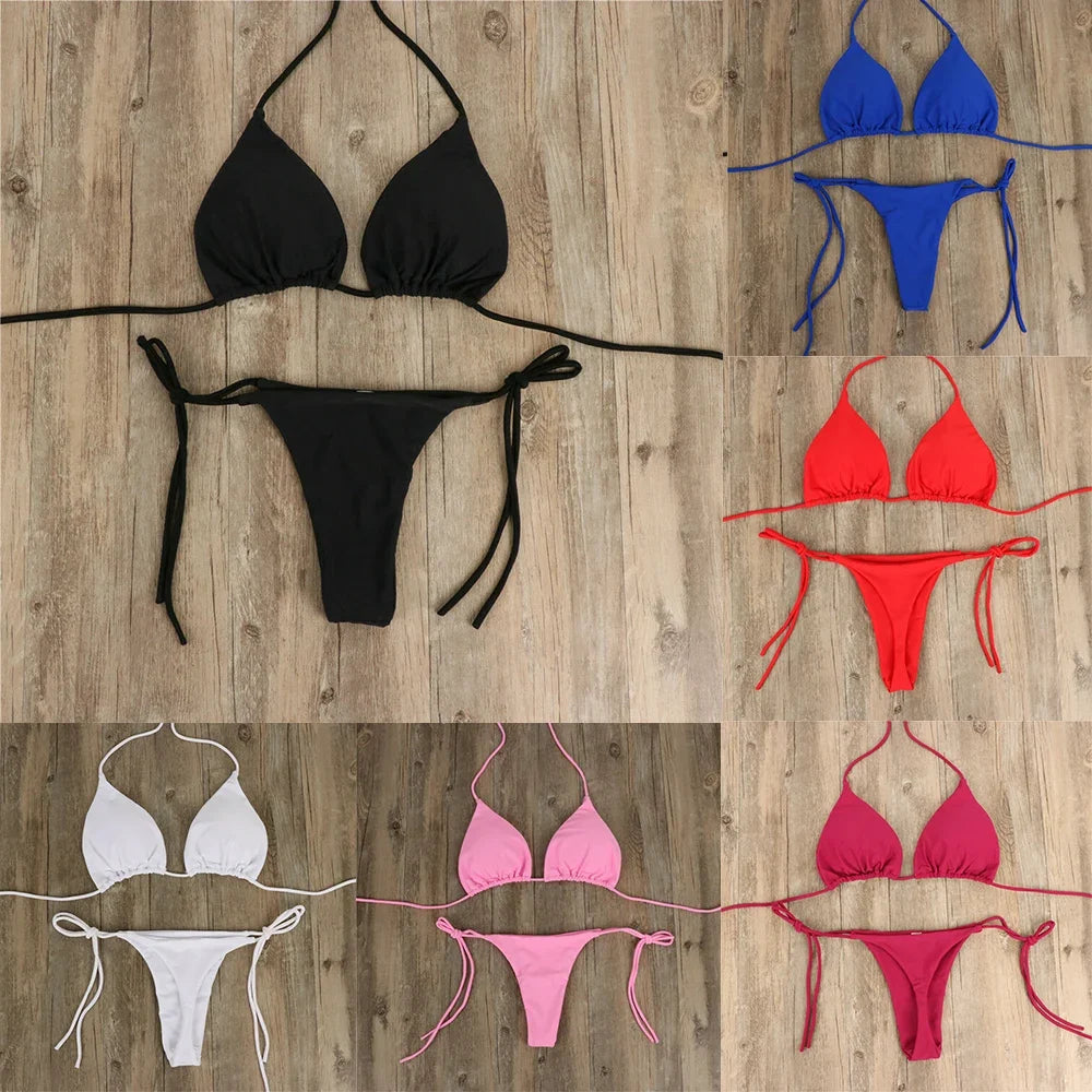 Women Thong Bikini Set Side Tie Sexy Swimsuit Bandage Style Brazilian Swimwear Woman Clothing Red/Blue/Black/White/Wine Red/Pink