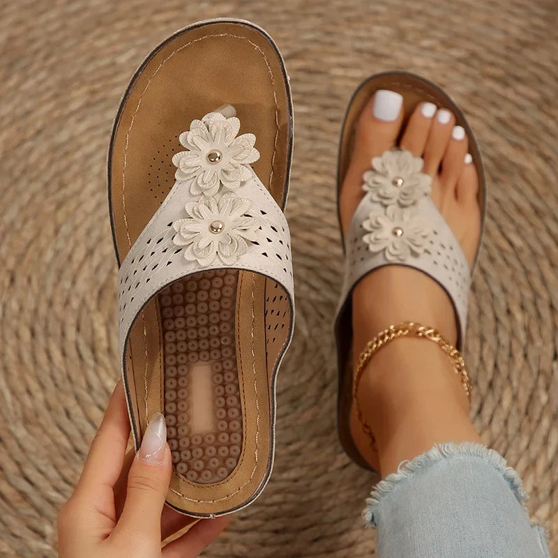 Pink Flower Wedge Heel Flip Flops Women Summer Massage Sole Clip Toe Platform Slippers Woman Light Thick Bottom Beach Sandals