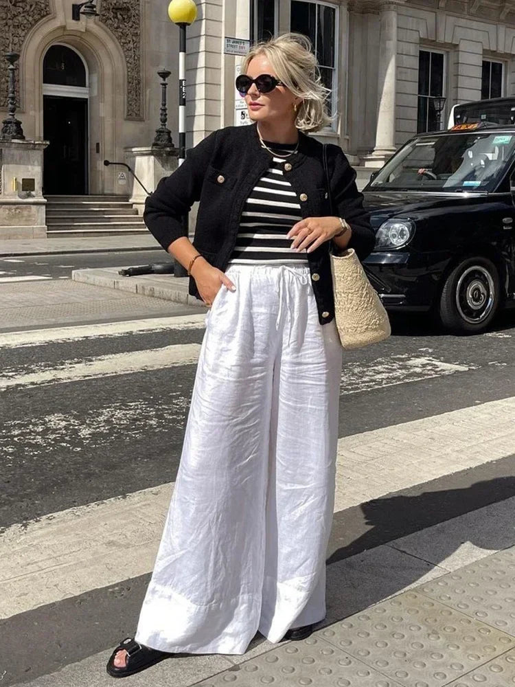 Foridol Cotton Linen White Long Pants Women Spring Summer Casual Wide Leg Pants Pantalones Elastic Waist Sash New Female Pants