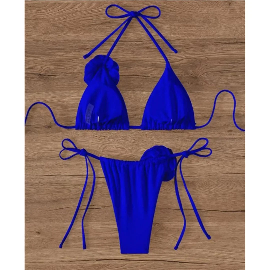 S - XL Sexy 3D Flowers Halter Strappy Bikini Women Swimwear Female Swimsuit Two-Pieces Bikini Set Bather Bathing Suit Swim V5297