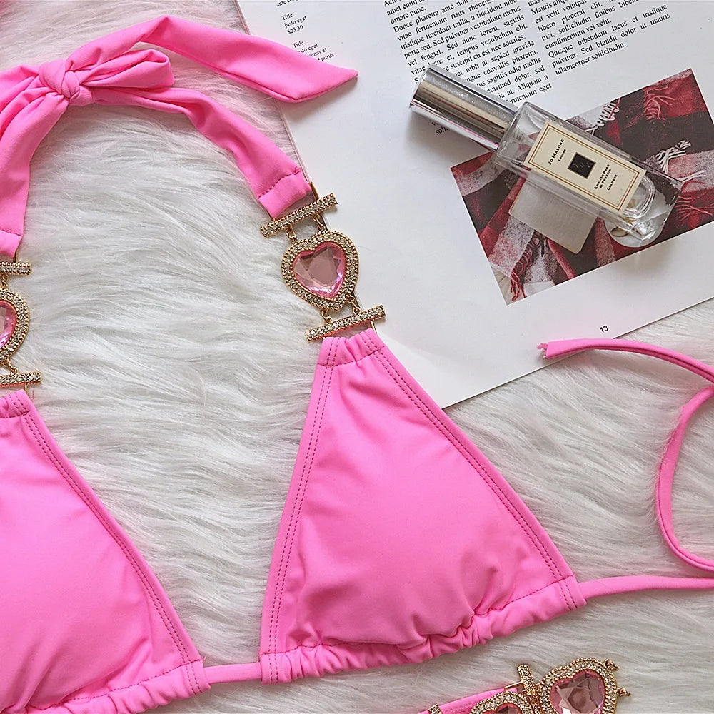 DEKA Rhinestone Love Heart Bikini Set Women Diamond Swimsuit  Crystal Luxury Push Up Metal Thong Swimwear