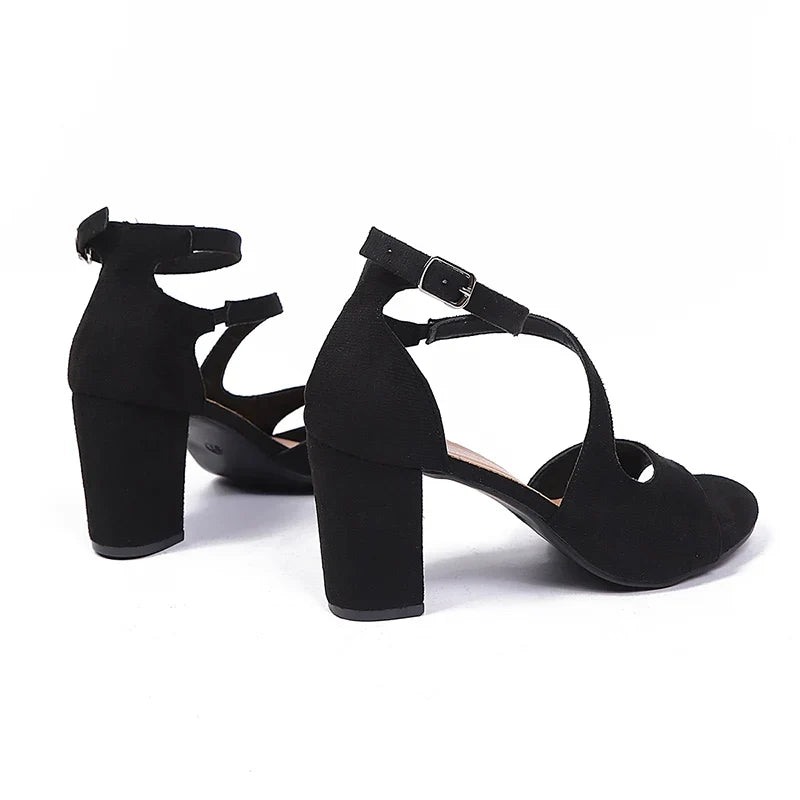 Elegant Ankle Buckle High Heel Sandals Women Black Flock Open Toe Block Heels Rome Sandals Woman Plus Size Bag Heel Party Shoes