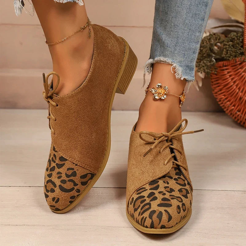 Large Size Leopard Print Single Shoes Women 2026 New Pointed Toe Lace Up Low Heel Shoes Woman Retro Faux Suede Pumps Ladies