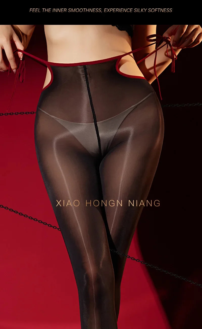 Lace-Up Pantyhose Sexy Silky Aurora Purple Black Sheer Shiny With High Waist Design Ultra Thin Silky Pantyhose For Women 9HU9