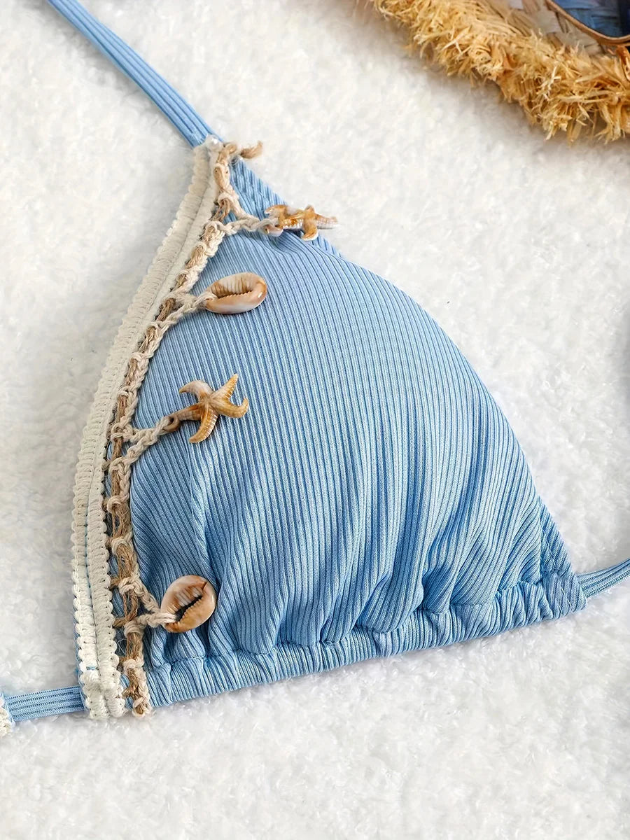 Shell Decoration Ribbed Halter Strappy Bikini Women Swimwear Female Swimsuit Two-pieces Bikini Set Bather Bathing Suit Swim Lady