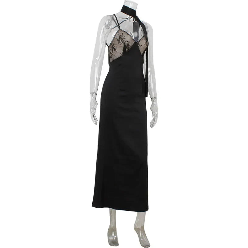 Ahagaga Sexy Lace Women's Party Long Dresses Slim V-neck Solid Blackless Mesh Sleeveless Camisole Sheath Regular Vestidos Robes