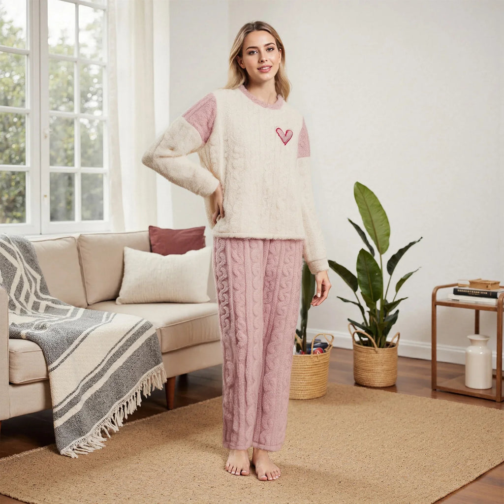 Women's 2 Pieces Valentine's Day Lounge Set Long Sleeve O Neck Heart Embroidery Jacquard Tops Pants Winter Fuzzy Sleepwear