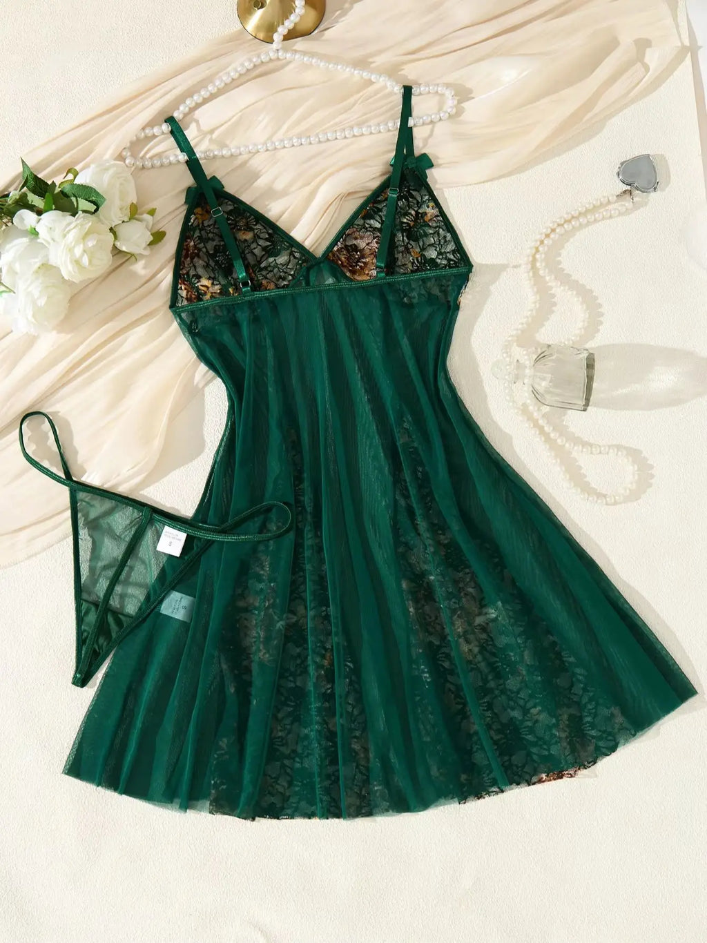 Atmospheric green floral embroidery nightgown set.Lightweight sheer bow-fronted halter-neck dress ladies,sexy lingerie ZA825071