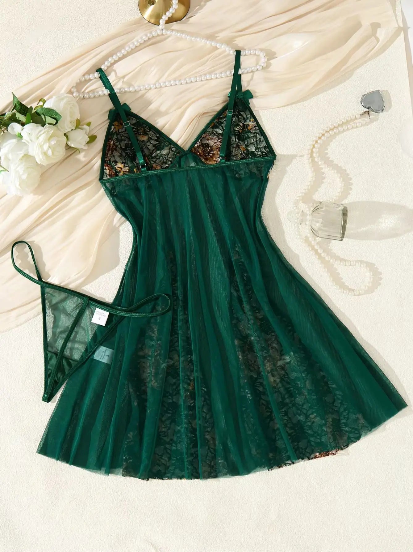 Green Floral Lace Split Sheer Mesh Babydoll Lingerie Set Slip Nightdress With Matching Thong Women Sexy Sleepwear ZA825071