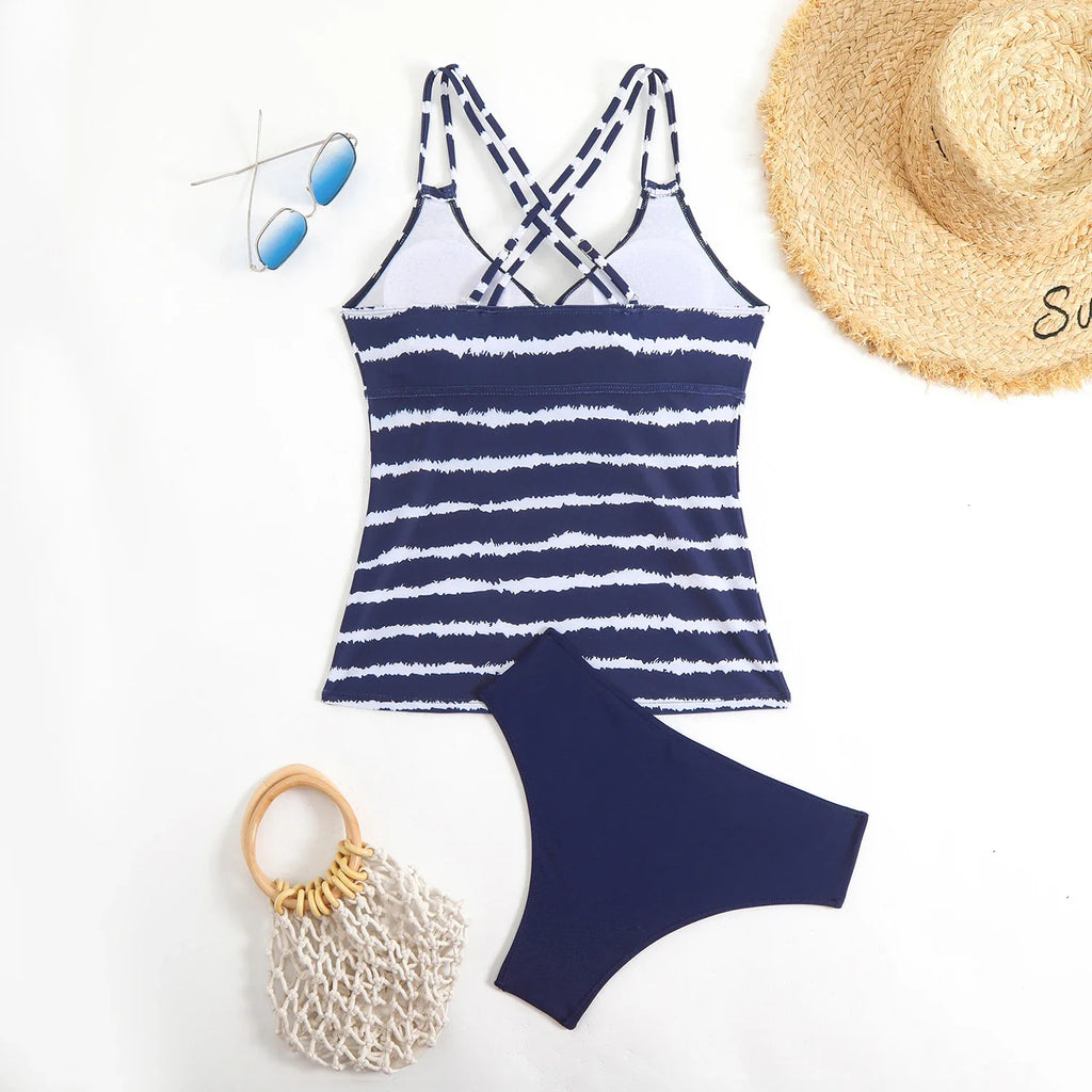 2026 Strappy Tankini Set Two Pieces Swimsuit Women Striped Swimwear Female Bathers Bathing Swimming Swim Suit Beachwear XXL