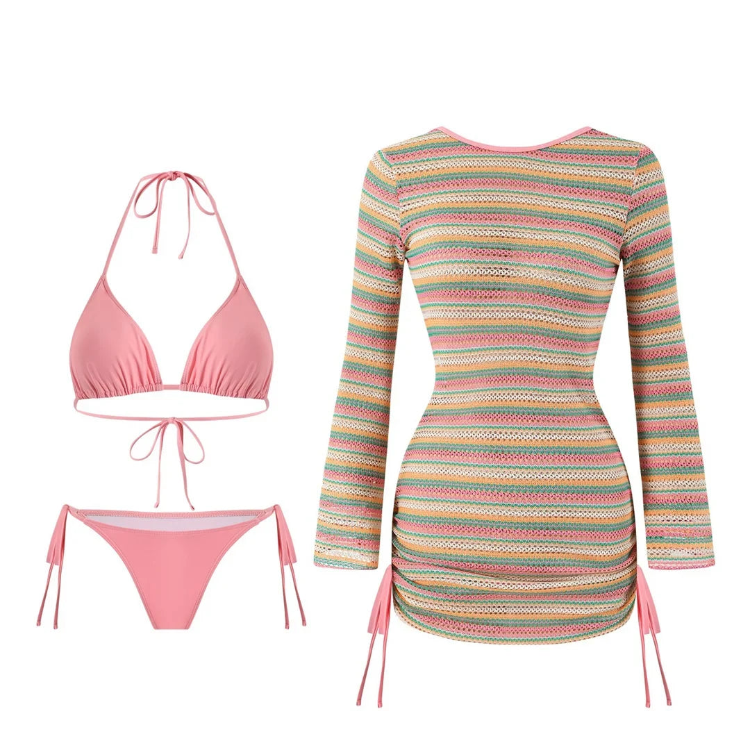S - XL Striped Long Sleeve Cover Up Bikini Female Swimsuit Women Swimwear Bather Bathing Suit Swim Three-pieces Bikini set K8128