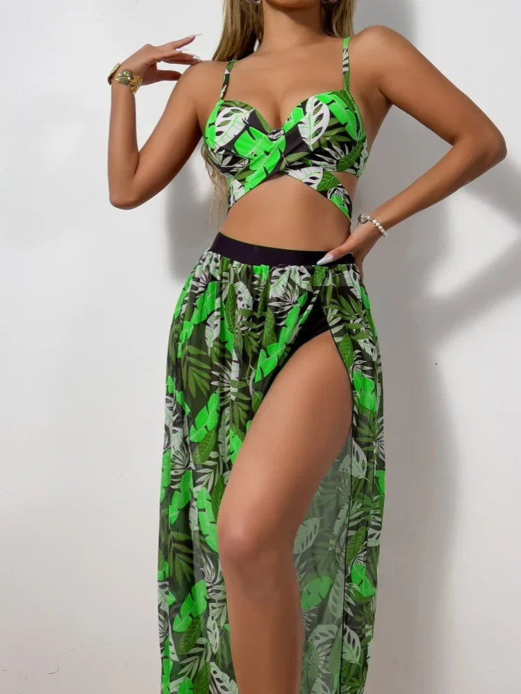 3 Pieces Strappy Bikini 2026 Women Push Up Swimsuit Sexy Swimwear Female With Beach Dress Bathers Bathing Swimming Swim Suit