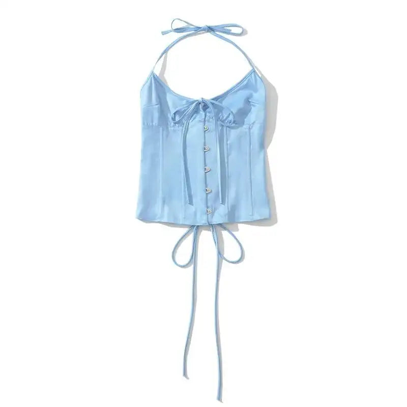 Vietnamese Sexy Backless Halter Neck Camisole For Women Niche Deep V-neck With Hook And Fishbone Waist-cinching Satin Top 02BG