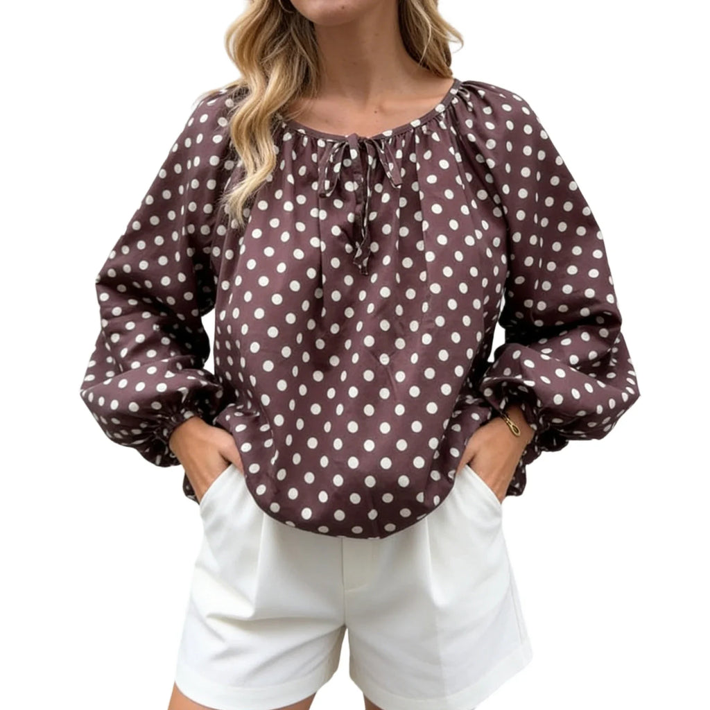 Women Puff Long Sleeve Crew Neck Spring Fall Tops Fashion Dot Print Casual Loose Fit Flowy Blouse