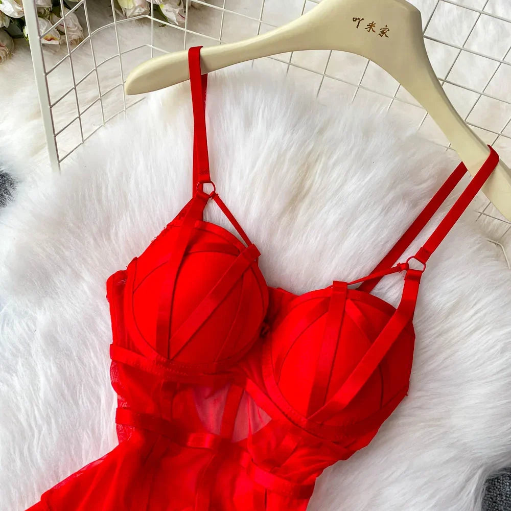 MOYISU Sexy Western Style Bodysuit for Women Sheer Net Halter Push Up Pads Summer Lingerie Figure Control See Through Hot Sale