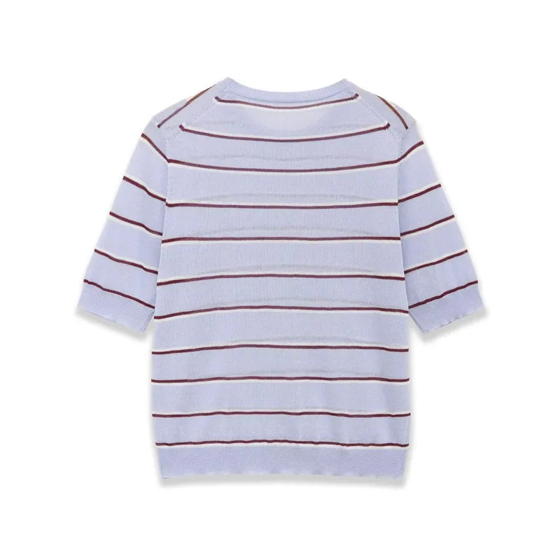 Fashion Short-sleeve Round-neck Striped Knit Top Light Blue With Knit Top Casual Sleeve Crew Neck For Women Daily Wear 0NSB
