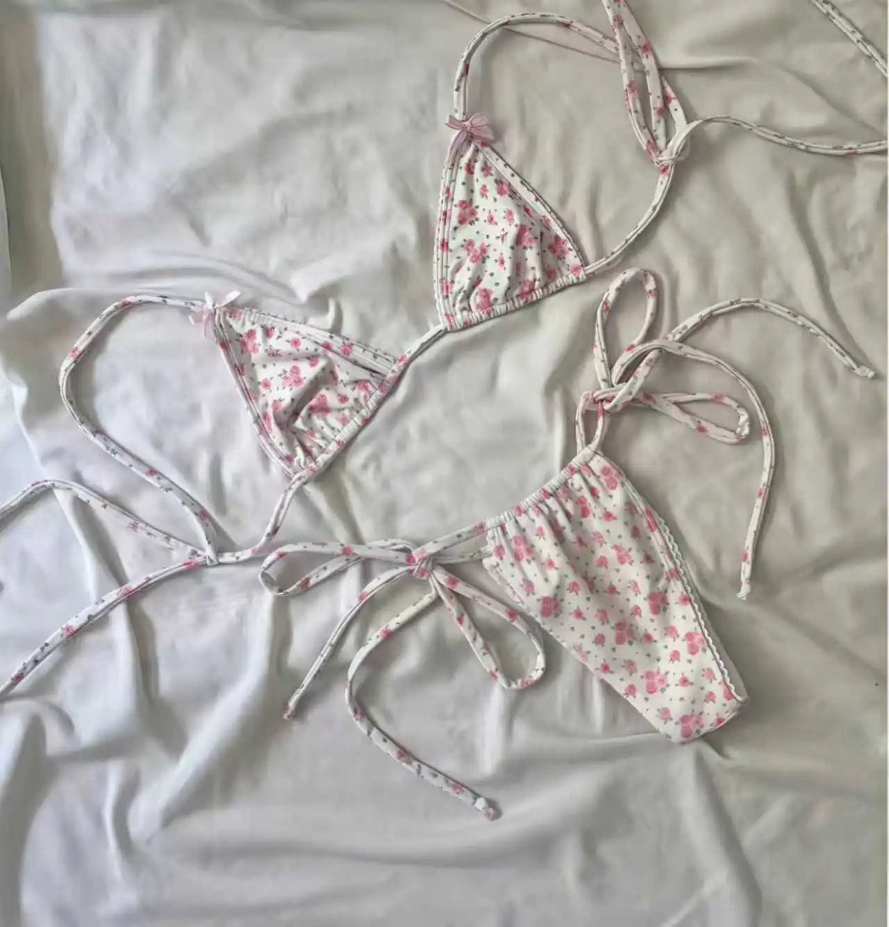 Floral Print Halter Micro String Bikini Female Swimsuit Women Swimwear Two-pieces Bikini Set Bow Knotted Bathing Suit Swim Lady