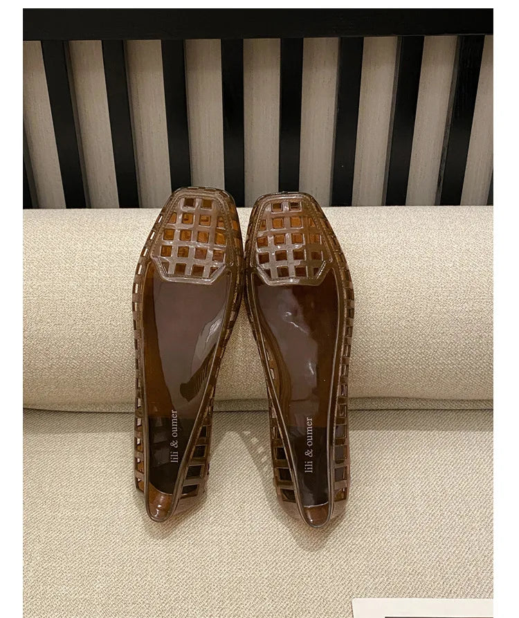 New 2025 Women Fashion Jelly Shoes Summer Cut-out Flat Sandals, Soft PVC Casual Square Toe Girls Daily Walking Sandalias