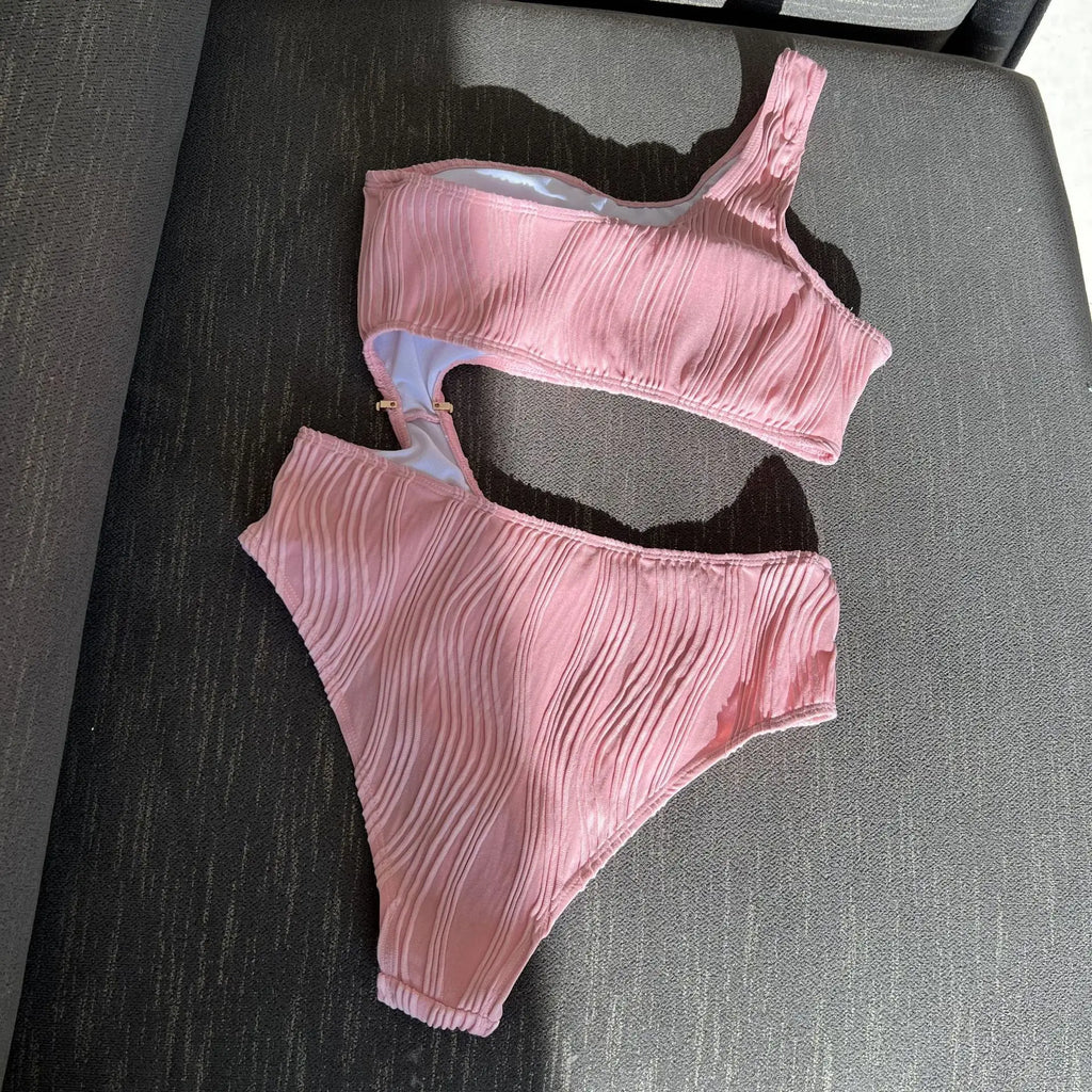 Wrinkled Asymmetric One Shoulder Female Swimwear One Piece Swimsuit Women Monokini Bather High Cut Out Bathing Suit Swim Lady