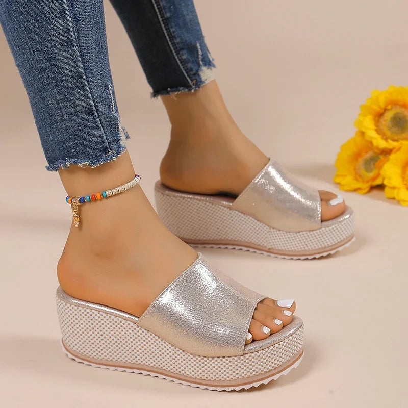 2025 Summer Chunky Platform Slippers for Women Pu Leather Wedges High Heel Sandals Woman Plus Size 36-43 Beach Sandles Female