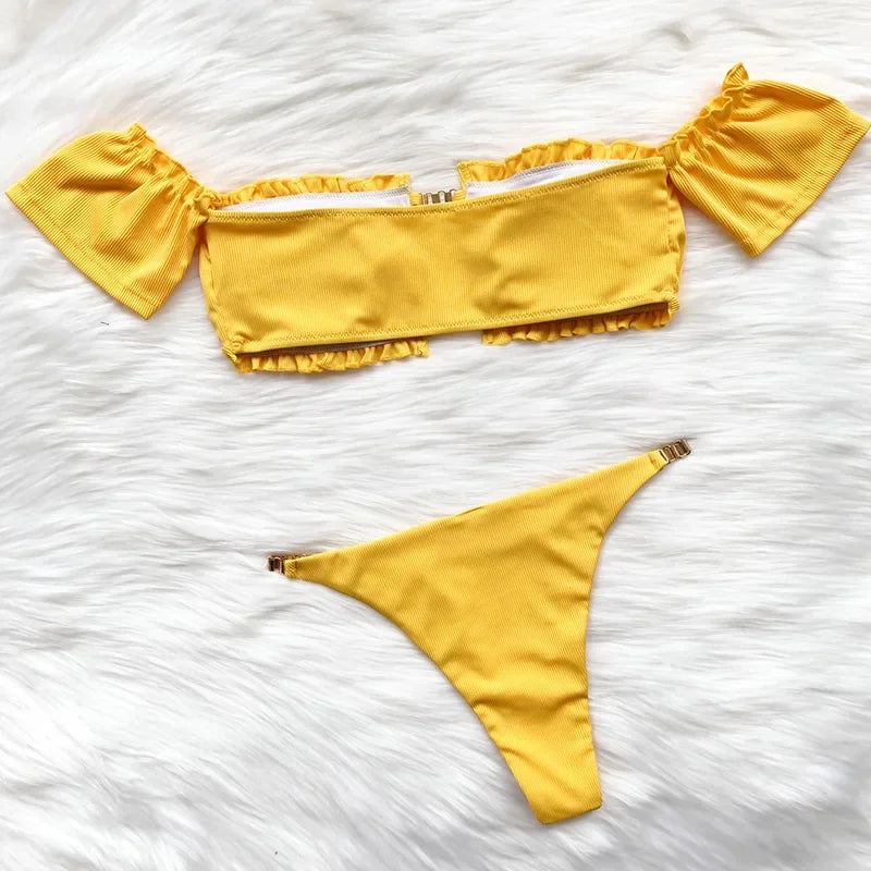 Ruffled Frilled Off Shoulder Bikini Women Swimsuit Female Swimwear Two Pieces Bikini Set Bandeau Bather Bathing Suit Swim Lady
