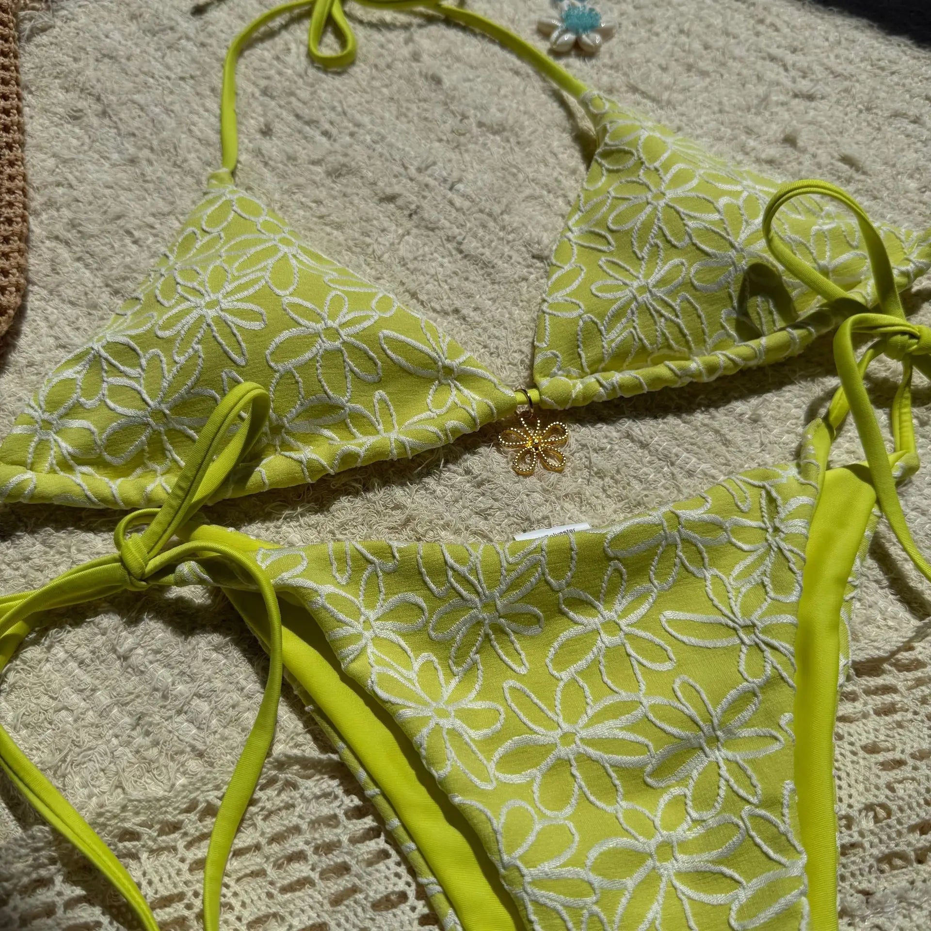 Sexy Mesh Flower Bikinis Sets Women Hot Pink Halter Push Up Bra Tie Side Swimsuit 2026 Beach Bathing Suit Holiday Micro Swimwear