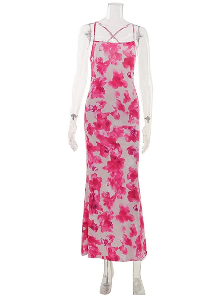 Ahagaga Fashion Women's Maxi Dresses 2026 Summer New Sexy Backless Print Dress Strap Sleeveless Party Beach Bodycon Elegant Cute